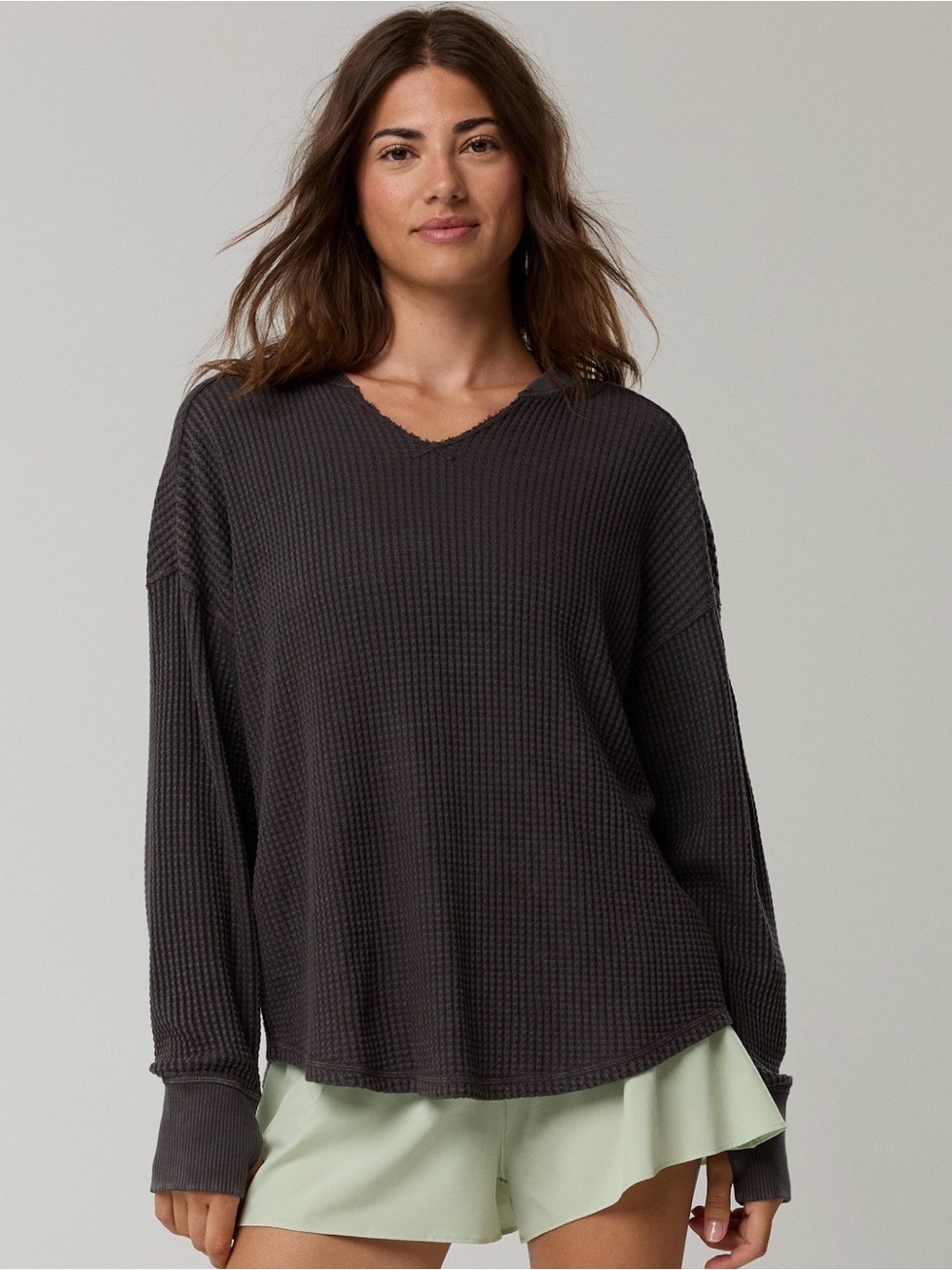 aerie Gray Waffle-Knit V-Notch Crew Sweater